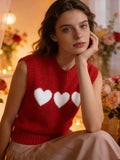 Women 2026 Sleeveless Crew Neck Pullover Fashion Daily Wear Top Cute Heart Print Pink Knitted Vest