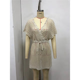 2026 Short Sleeve V Neck Hollow Out Crochet Knitted Tunic Beach Cover Up Cover-ups Beach Dress Beach Wear Beachwear Female V8152