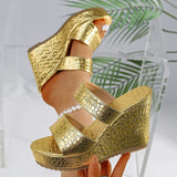 Chunky Wedges Gold Sandals Women Plus Size 42 High Heel Platform Slippers Woman Snake Pattern Pu Leather Summer Sandles Female