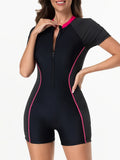 2026 Zipper Slim One Piece Swimsuit Women Padded Short Sleeve Swimwear Female Bather Bathing Swimming Swim Surf Suit Beachwear