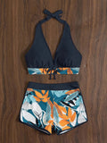 2026 Summer Women's Print Patchwork Swimsuit Sexy Deep V Neck Back Lace-up Swimwear High Waist Shorts Tankini Bathing Suit Beach