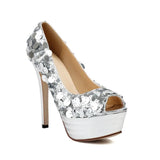 Women High Heels 13CM Thin Heel Shallow Mouth Nightclub Sequin Shoes Spring Summer Fashion Platform Woman Peep Toe Pumps Silvery