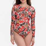 2026 New Women's Patchwork One-Piece Swimsuit Long Sleeve Sports Swimwear Sexy Backless Beach Wear Bather Surfing Suit