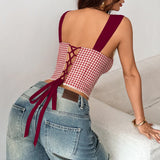 Retro French Jacquard Red Plaid Camisole 2026 Women Sexy Lace Trim Spliced Off Shoulder Chest Wrapped Fishbone Chest Party Tops