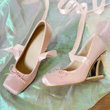 2025 Brand New Summer y2k Pink Square Toe Ballet Shoes Women Ribbon Lace-up Hollow out Wedge High Heels Party Pumps Daily Life