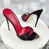 Diamond Black print high heeled slippers for women with thin heels, pointed toes exposed toes soles high heels 12cm sexy sandals