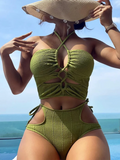 2026 Sexy High Wasited Swimsuit Women Solid Bikini Hollow Out Cross Swimwear Female Bathers Bathing Swimming Swim Suit Beachwear