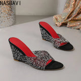 Fashion Slippers Peep Toe Wedges High Heels Slippers Shiny Rhinestones Comfortable Shoes for Women Slide Summer Zapatos De Mujer