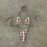 New 2026 Women's Micro Bikini Set Plaid Print Neck Lace-up Backless Biquini Beachwear Sexy Push Up Thong Low Waist  Bathing Suit
