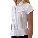 Women's Summer Slim Fit Shirt Solid Color Short Sleeve Lapel Button Down Pleated Tops Streetwear