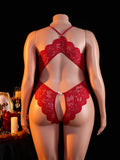 Erotic Hot women Plus Size Lace Halter Teddy Bodysuit Crotchless Criss-Cross Back Deep V Neck Open Crotch sexy Lingerie 1XL-4XL