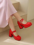 Women Silver Metallic Platform Mary Jane Shoes Double Rhinestone Buckle Chunky Block High Heels Y2K Vintage Square Toe Pumps