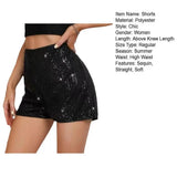 Women Shorts Shiny Sequin High Elastic Waist Straight Slim Fit Soft Breathable Above Knee Length Club Party Beach Mini Shorts