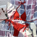 Ribbed Ruffled Frilled Brazilian Bikini Women Swimsuit Female Swimwear Two Pieces Bikini Set Halter String Bathing Suit Swim