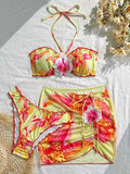 3D Flowers with Mesh Skirt Halter Bandeau Bikini Women Swimsuit Female Swimwear Three-pieces Bikini Set Bathing Suit Beachwear