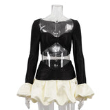 FDYOUI Sexy Flare Sleeve Super-short Zipper Tops+Pleated Skirts 2 Piece Set Women Patchwork Black Ball Gown Evening Party Dress