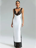 Ahagaga Lace Women's Party Maxi Dresses Solid Skinny V-Neck See Through Camisole Blackless Bodycon Sleeveless Vestidos Robes