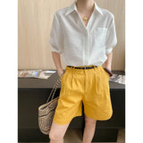 Turn-Down Collar Loose Short-Sleeve Shirt Women White Short Sleeve Shirt Chest Pocket V Neck Button Casual Summer Blouse H9EH