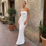 Women's Summer Holiday Beach Strapless Long Dress Solid Color Knitted Sleeveless Abstract Print Bandeau Dresses
