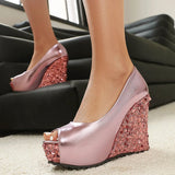 Plus Size Elegant Sequined White Chunky Platform Pumps Women's Black Pink Peep Toe Wedges High Heels Shoes for Party Wedding