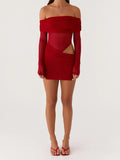 Women Mini Off Shoulder Slim Ruched Solid Color Party Club Dresses Cut Out Long Sleeve Backless Short Mesh Bodycon Dress