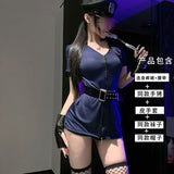 Sexy Cosplay Policewoman Midnight Uniform SM Zipper Bodysuits Solid Color Deep V Short Sleeved Wrap Hip Bodysuits Charming K0JQ