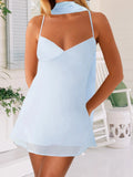 Women Fashion Floral Print/Solid Color Sleeveless Back Bandage Cami Dresses Summer Backless Mini Dress with Choker Scarf