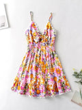 V Neck Bowknot Floral Print Boho Summer New Dress for Women Adjustable Strap Lace Patchwork Sundress Beach Casual Short Dress