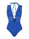 S - XL Deep V Neck Knit Fishnet Mesh One Piece Swimsuit Women Swimwear Female Backless Monokini High Leg Cut Bathing Suit Swim