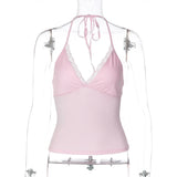FDYOUI Casual Sexy Halter Neck Lace Patchwork Pink Camisoles Women Bandage Backless Corset T-shirt Y2K Streetwear Cropped Tops