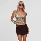 Ahagaga Fashion Sexy Women's Tops Sequin Patchwork Slimming Summer Print Personality Crop Top Short  Beach Sleeveless  Backless