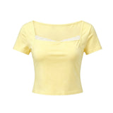 2026 Summer Women Lace Trim T-shirt Square Neck Short Sleeve Slim Fit Cropped Tops Trendy Daily Casual Retro Shirts