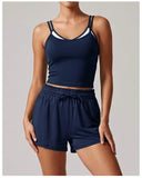 Women's New Summer Yoga Sets Color Blocked Double Strap Workout Tank Top Fitness Suit Drawstring High Waist Short Sport Set