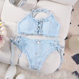 DEKA Women's Bandage Denim Bikini Set Summer New Jeans Shorts Swimwear Bra Beach Play and Bar Nightclub Swimsuit