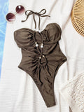 2026 Summer Holiday Look Women Brown Bodysuit Swimwear Sexy Neck Lace-Up Swimsuit Bead Decor Hollow Out One-piece Suit Beachwear