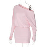 Woman Clothes Diagonal Collar Long Sleeve Package Hip Short Dress Streetwear Black Pink High Waist Tunics Slim Party Dresses
