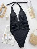 V Neck Halter Wrinkled Women Swimwear One Piece Swimsuit Female High Cut Backless Monokini Bather Bathing Suit Swim Beachwear