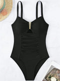 Sexy V Neck One Piece Swimsuit 2025 Mujer Women Black Hollow Out Pleate Tummy Control Swimwear Beach Bathing Suit Slim Monokini