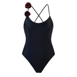 sexy 3D flower back tie swimsuit one piece bikini thong swimwear bodysuits women biquini bathing suits solid black color
