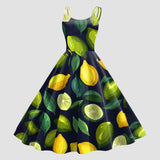 Retro Rockability Party Prom Dresses For Women Vintage Fashion Fruit Print Sleeveless A Line Dress Elegant Summer Evening Dress