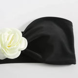 sexy 3d flower bandeau bikinis sets 3pcs with long mesh split skirt black white patchwork swimsuit bathing suit beach outfits