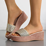 2026 Gold Woven Band Wedge Heeled Sandals Women Plus Size 43 Summer Platform Slippers Woman Light Thick Sole Rome Sandalias