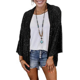 Open Front Jacket Women Sequin Coat Long Sleeve Solid Color Spring Autumn Mid-length Cardigan
