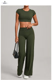 Women's Tracksuit Yoga Sets Back Hollow Out Short Sleeve Sports Shirts High Waist Straight Leg Pants Gym Running Fitness Suits