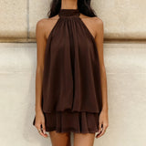Women's Summer Solid Color Halter Neck Mini Dress Sleeveless Open Back Drop Waist Ruffle Beach Clubbing Dresses
