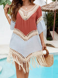 Splicing Tassels Half Sleeve Crochet Knitted Tunic Beach Dress Beach Wear Beachwear Beach Cover Up Cover-upsFemale Women V6631