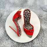 Red matte Leopard Base Slippers Pointed Toe Thin High Heels Women's Shoes Summer Casual Sexy Slip On Party One Word Belt Slipper