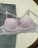 Japanese Lace Bra Set, Heart Pendant Purple Lingerie Sexy & Pure Small Chest Push Up Bralette, Fashion Outerwear Design Enhancer