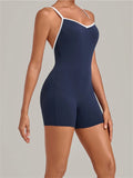 New Tight One-piece Yoga Suit Women Color Contrast Splicing Hollow Back Cross Sports Jumpsuit Outwear Slimming Fitness Bodysuits