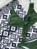 Sexy One Piece Swimsuit Swimwear Women Solid Ruffled V-neck Halter Backless Army Green Bathing Suit Beachwear Banadores Mujer
